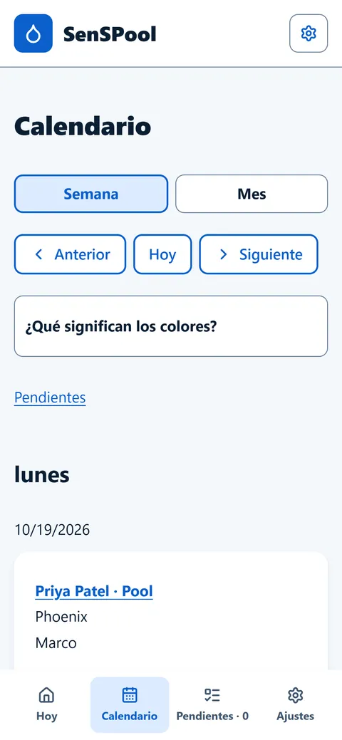 Calendario del técnico en español con vista de semana y mes y las paradas del lunes