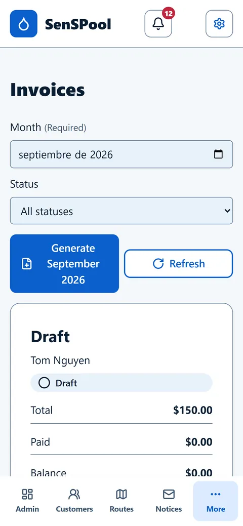 Pantalla de facturas con selector de mes, botón para generar las facturas del mes y un borrador con total, pagado y saldo