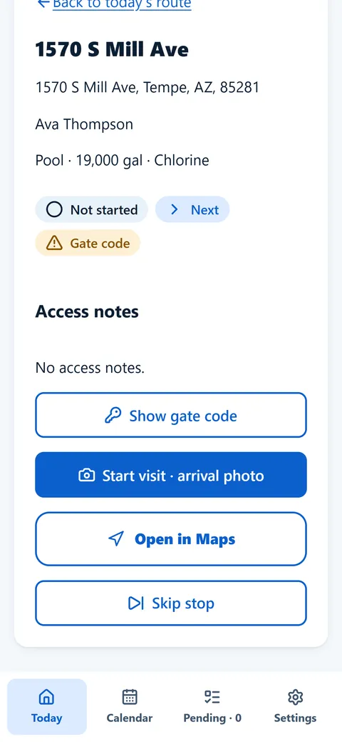 Stop detail with address, pool size, access notes and buttons to show the gate code, start the visit, open in Maps or skip the stop