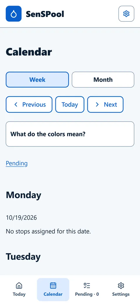 Technician calendar with week and month views and the stops for Monday