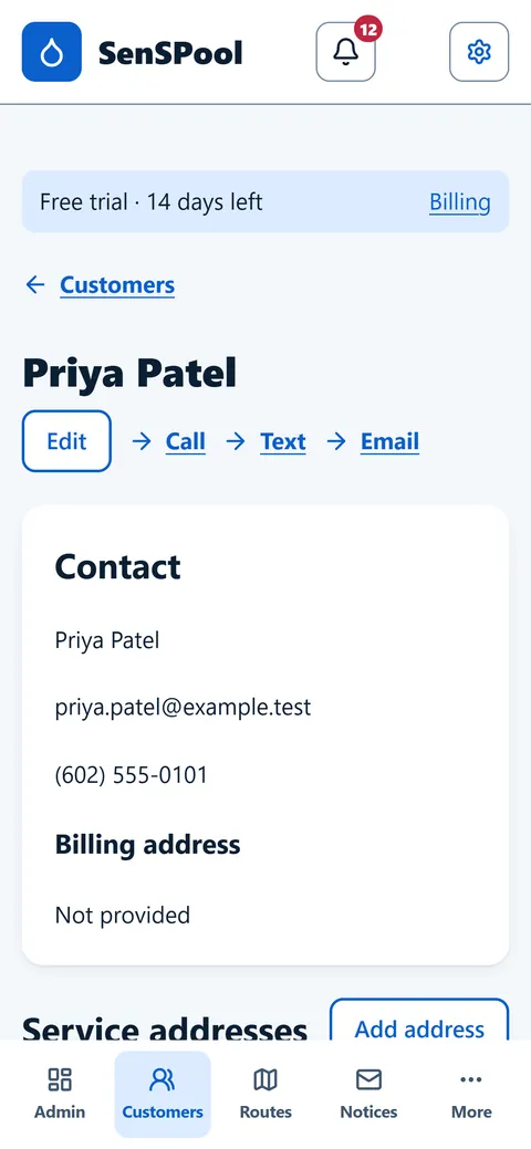 Customer detail screen with contact information, Call, Text and Email shortcuts and service addresses