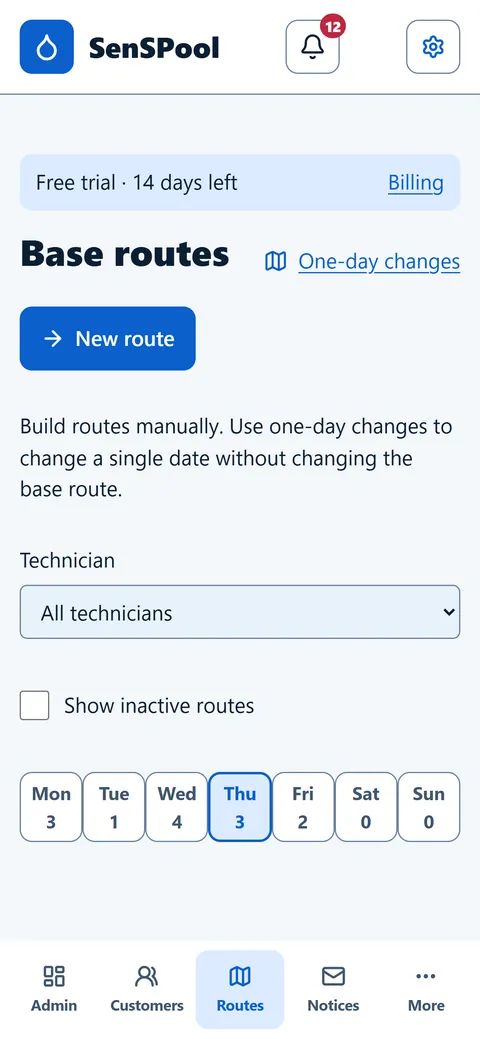 Admin routes screen with a New route button, technician filter and days of the week