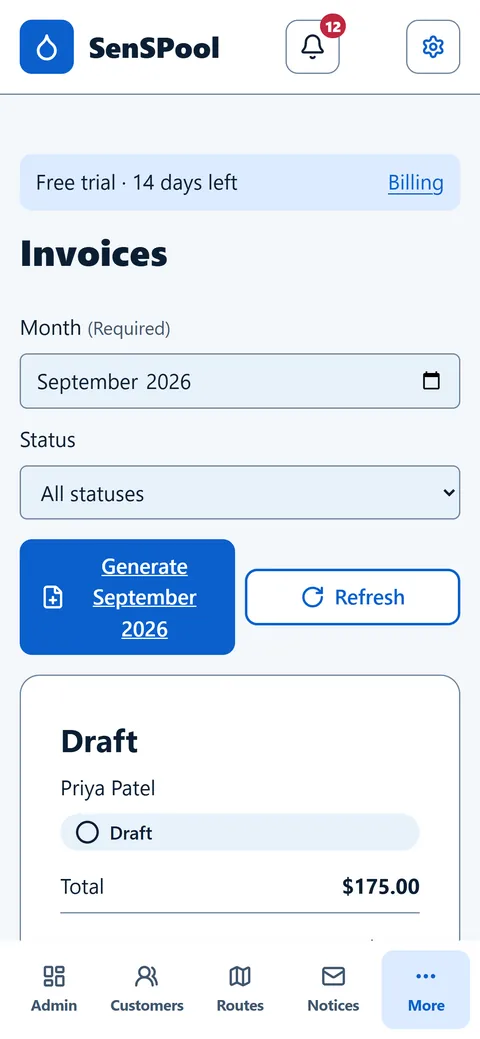 Invoices screen with a month picker, a button to generate the month's invoices and a draft invoice showing total, paid and balance