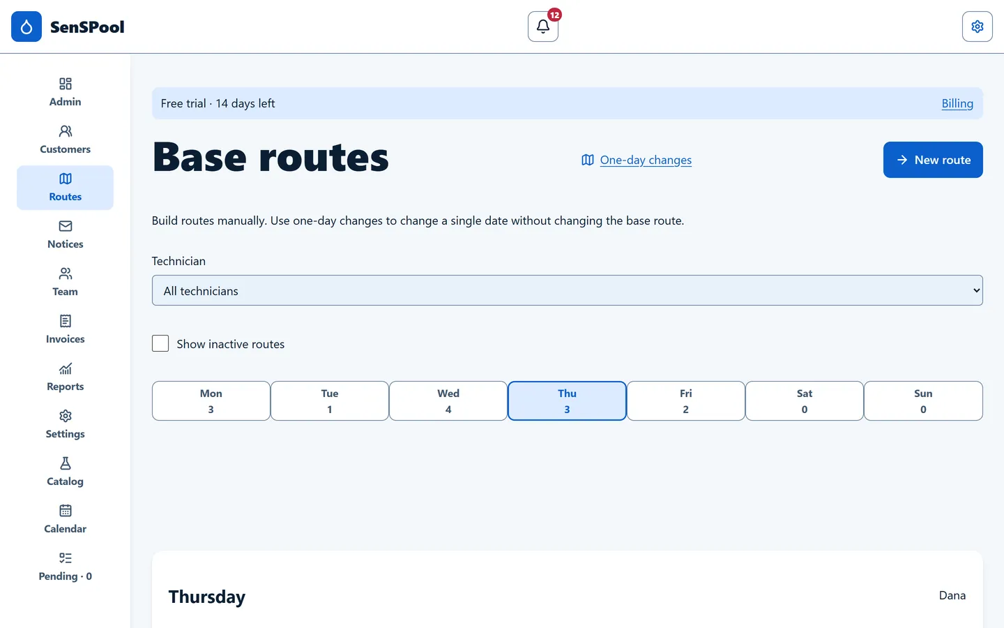 Base routes screen on a computer, with stops per day of the week and a filter by technician